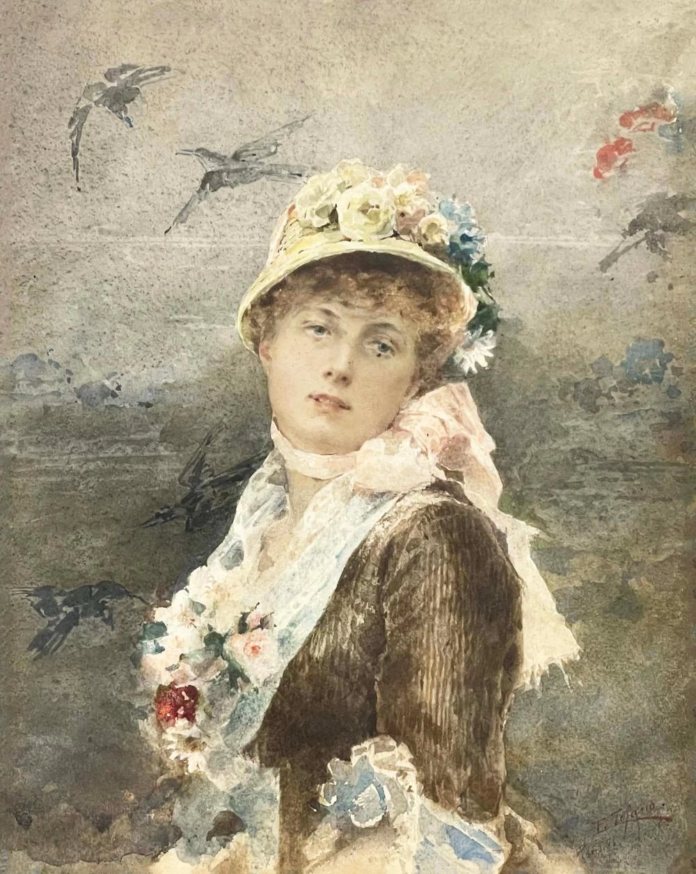 Edoardo Tofano-56-Ritratto di donna con rondini